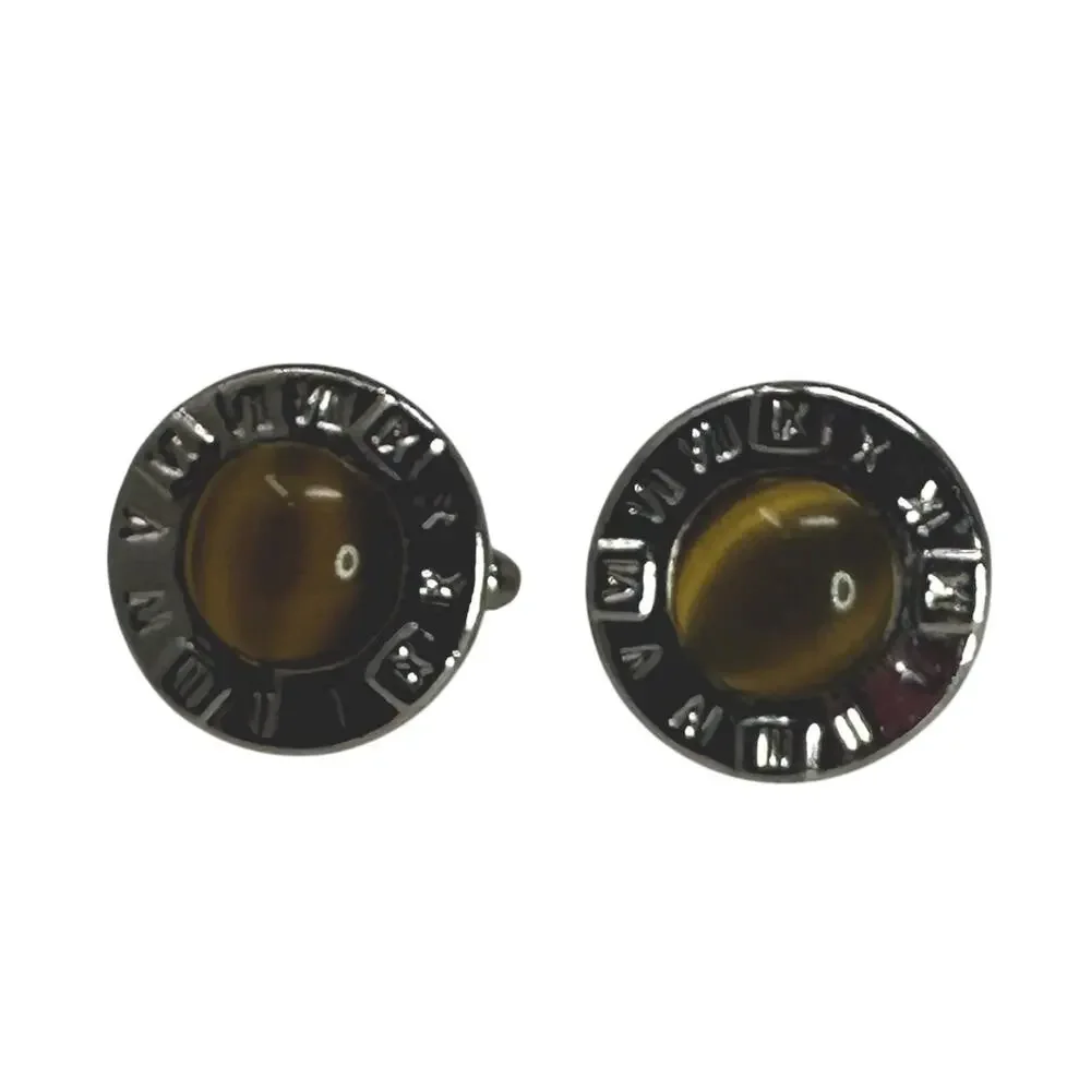 Vintage MCM Silvertone Cat’s Eye Cabochon Roman Numeral Bezel Cuff Links